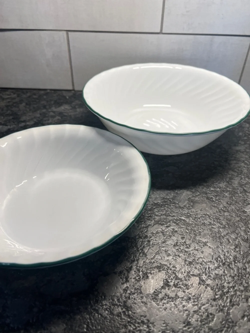 White Calloway Green Serving Bowl and Soup Bowl - Set of 2 - 8.5” and 7”.